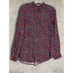 Beach Lunch Lounge Blouse Women's M Navy Red Floral Button Front Long Sleeve Top